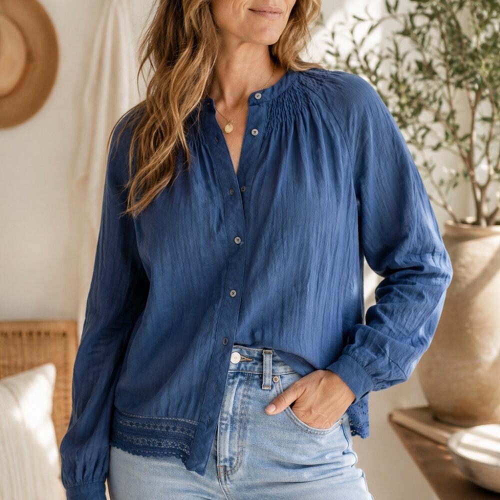 J.Crew Point Sur Blue Cotton Blouse Size XS Pintuck Lace Trim Boho Button Front
